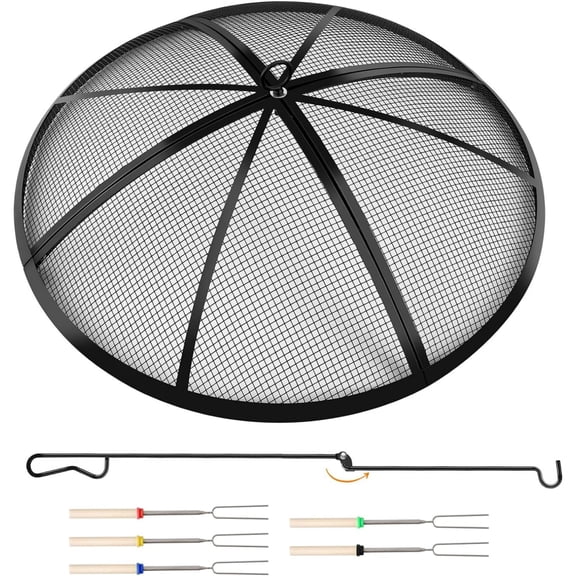 Fire Pit Spark Screen, Outdoor 36 Inch Round Fire Pit Screen with Foldable Hook and Marshmallow Sticks, Heavy Duty Steel Mesh Fire Pit Cover for Backyard, Beach, RV Camping