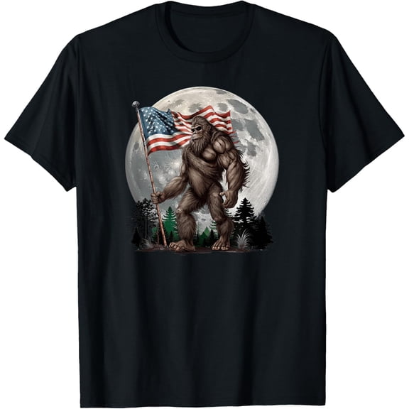 Bigfoot Sasquatch - American Flag Full Moon Patriotic T-Shirt men and women can wear, black, white, gifts
