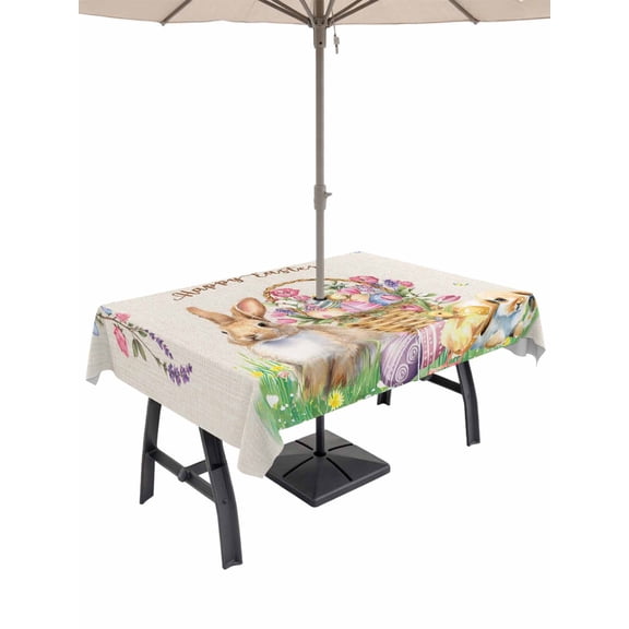 Outdoor Tablecloth with Umbrella Hole and Zipper, Easter Bunny Rectangle Table Cloth 52x70 Inch Waterproof Tablecloth, Spring Easter Eggs Floral Burlap Rustic Picnic Table Cover for Patio Camping