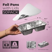 Fit Meal Prep 50 Pack 3 Compartment 8.5 x 6.5 x 1.5 Rectangular Disposable Aluminum Foil Pan Take Out Food Containers with Flat Board Lids, Hot Cold Freezer Oven Safe