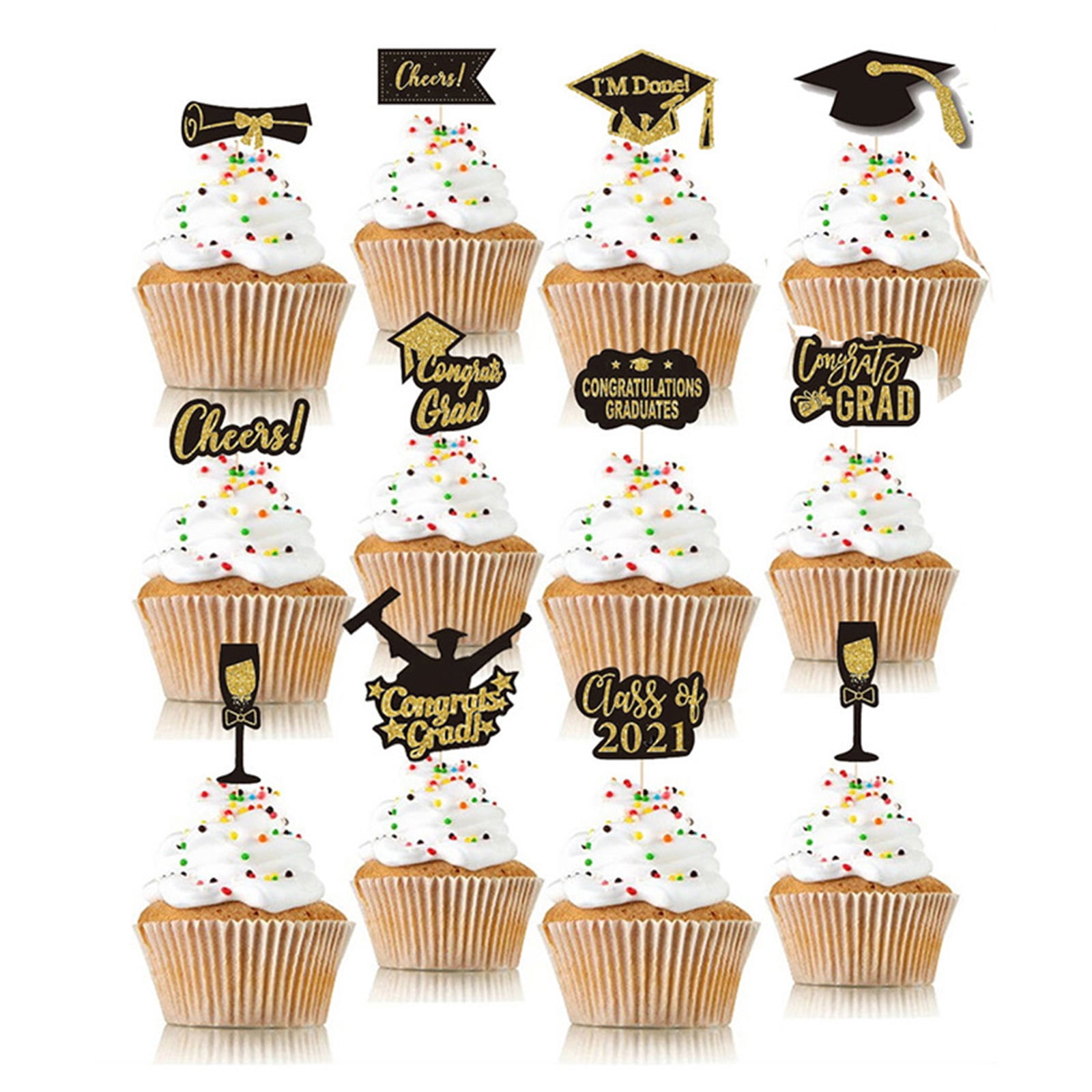 Assorted Color 12pcs 2021 Graduation Cake Toppers Creative Cake Picks