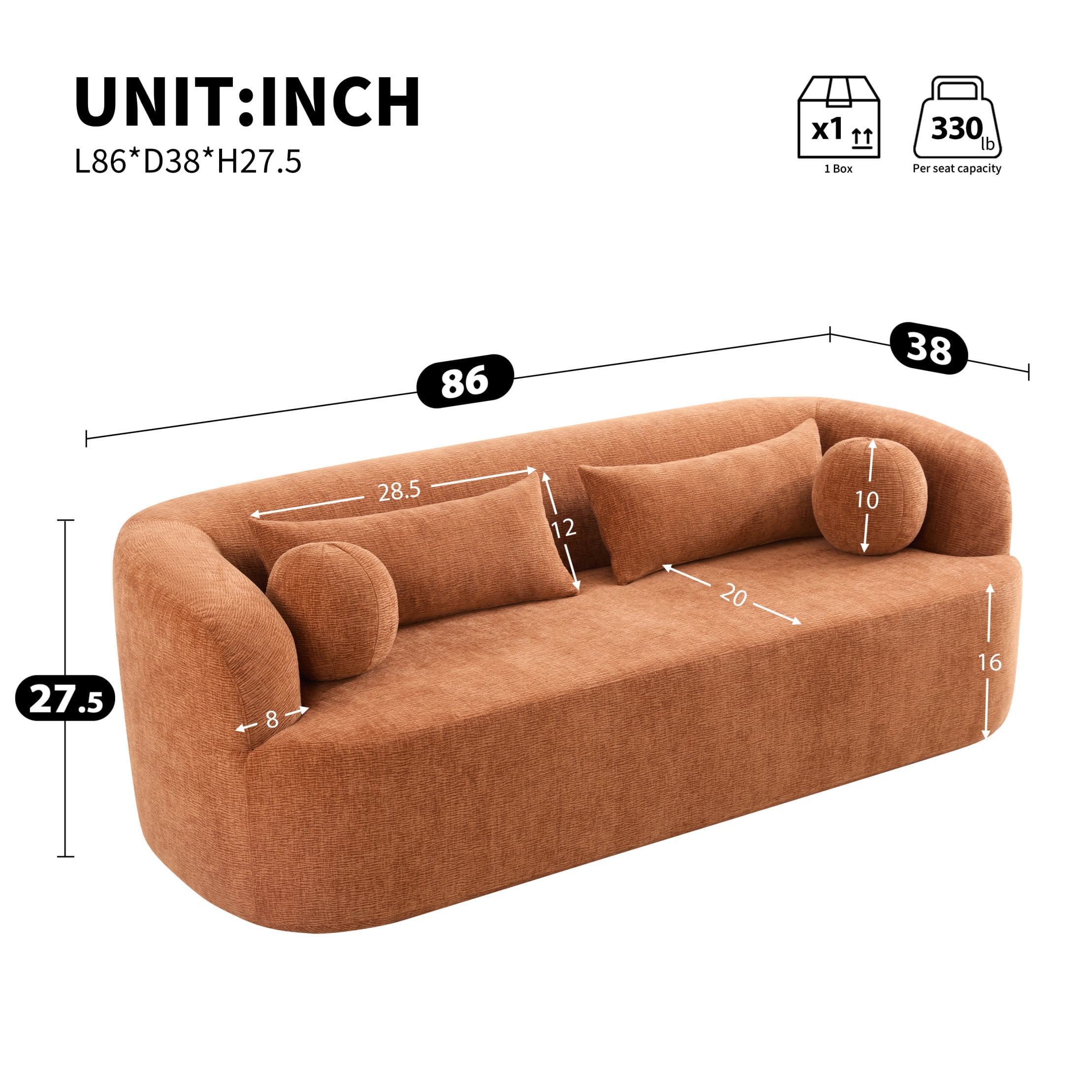 Noble House 86" Modern Chenille Boneless Sofa, 3-Seater Curved Cloud Couch with Pocket Springs for Living Room, Orange