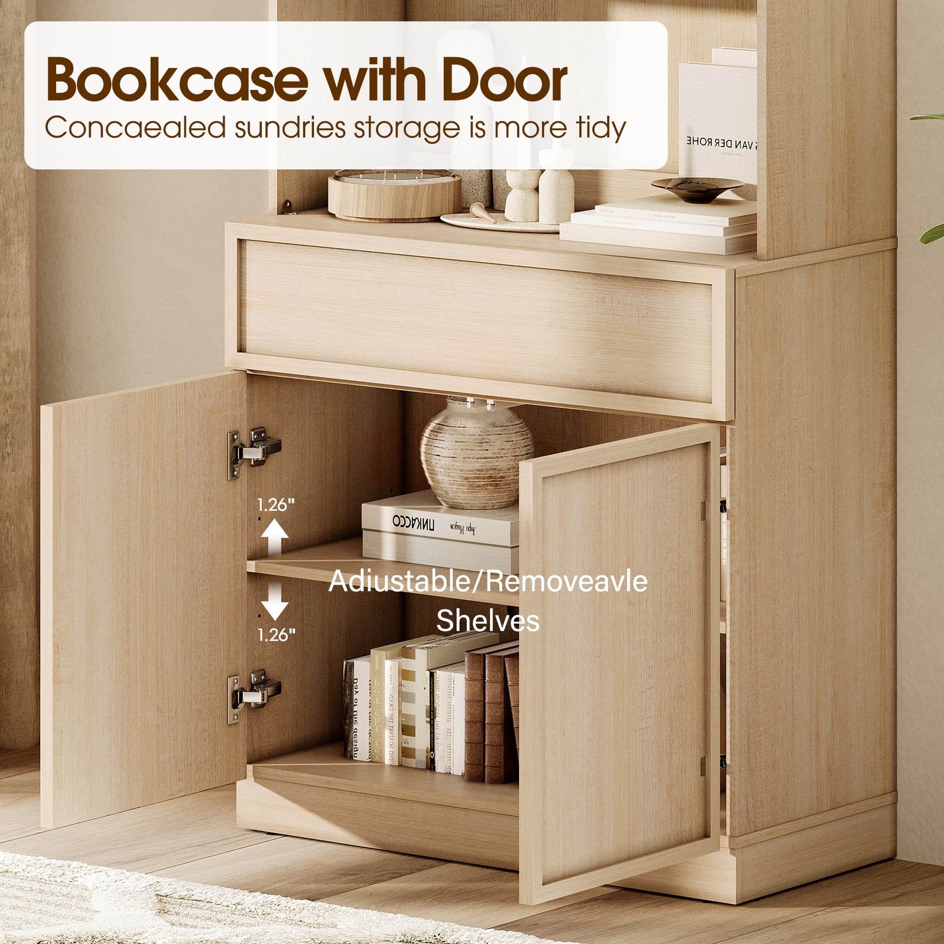 Modern 72" Tall Bookcase with Doors, Drawers & Adjustable Shelves, Wood Bookcase with Storage Cabinet and Open Shelving,Beige