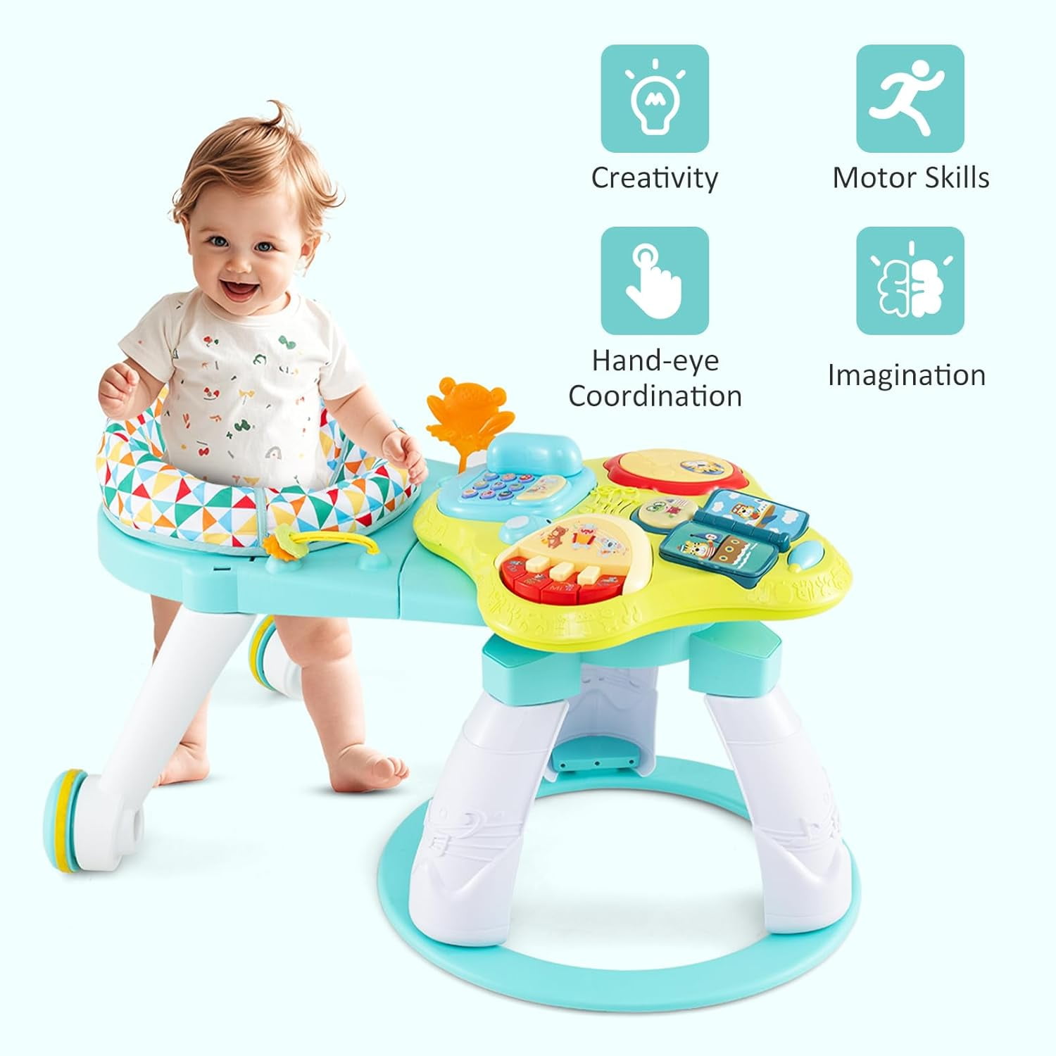 INFANS 3 in 1 Walk Around Baby Activity Center, Baby Walker with Play Table, Wheels, Detachable Seat Cushion, 3 Adjustable Heights, Learning Toys for Boys Girls Aged 6-36 Months