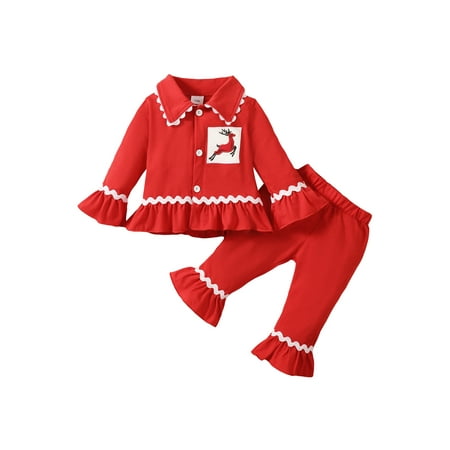 

Genuiskids Christmas Toddler Girls Outfit Santa Stripe Print Lapel Flare Long Sleeve Button-Down Cardigan Tops + Elastic Waist Pants Set 2Pcs