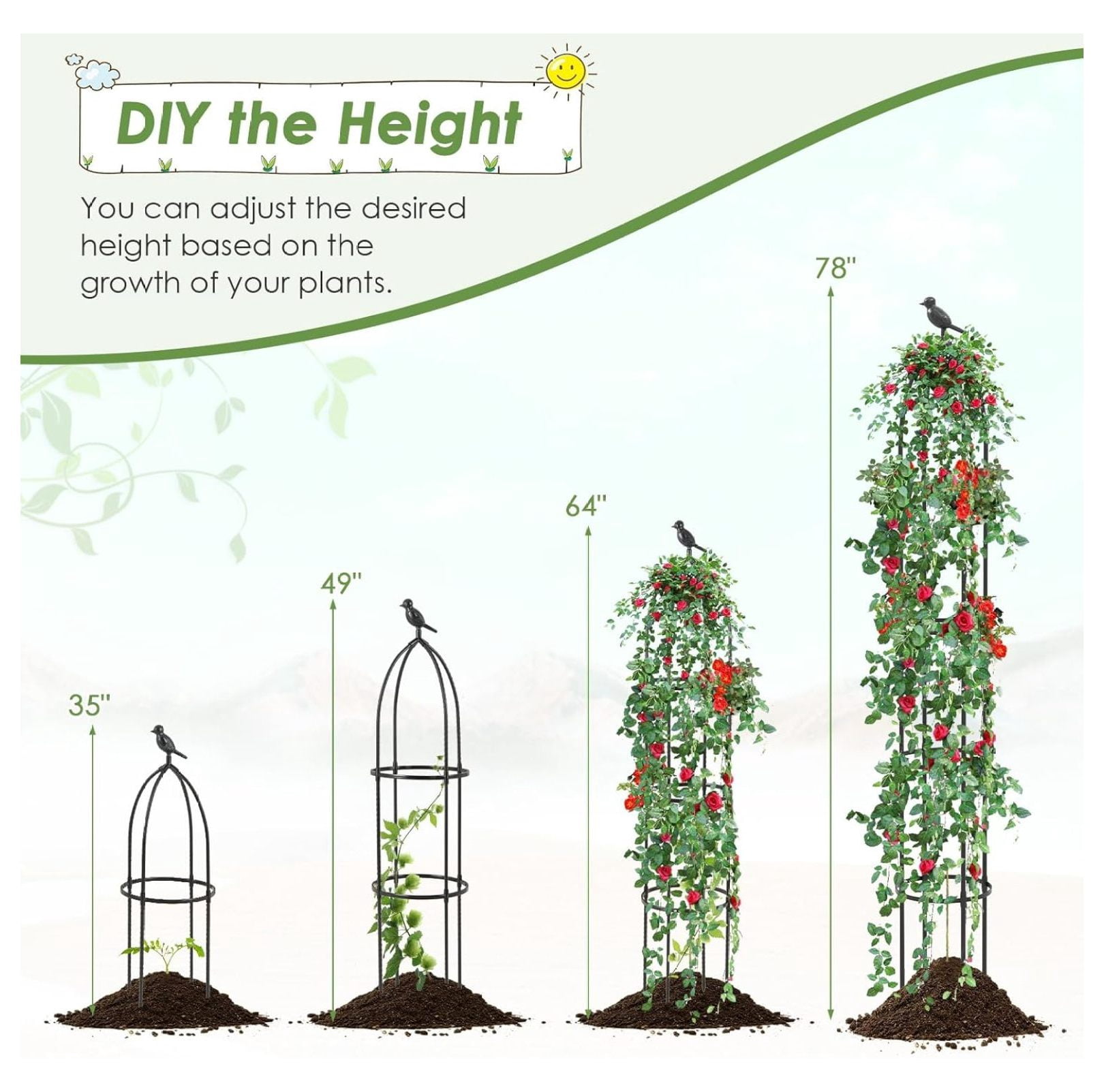 Garden Trellis for Climbing Plants, 78” Tall Metal Obelisk Trellis w/Adjustable Height, Gloves, Cable Ties, 2 in 1 Plant Cages & Supports for Flowers, Vegetables, Vines Indoor Outdoor