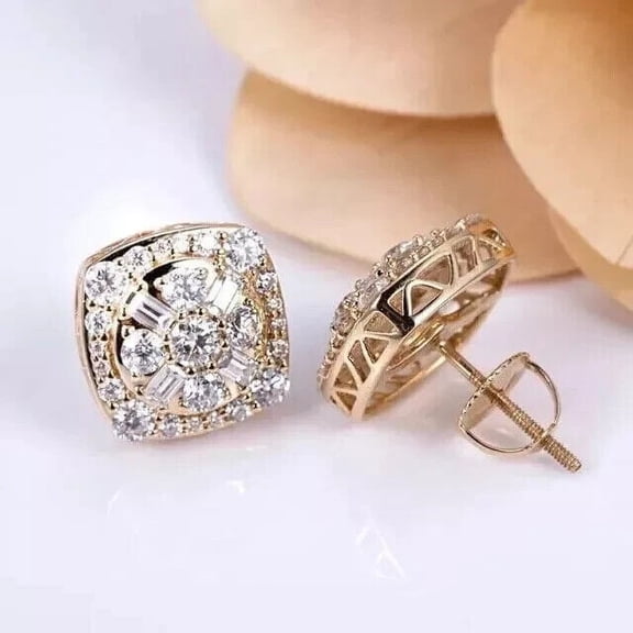 2Ct Round Cut Lab Created Diamond Square Stud Earrings 14k Yellow Gold Plated
