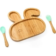 Baby Bamboo Suction Plates Set with Spoons & Fork, Baby Food Dishes Feeding Set for Led Weaning Plate, Baby Utensils Set, BPA Free (Green Bunny)