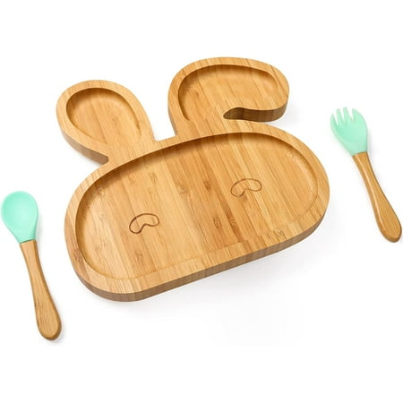 Baby Bamboo Suction Plates Set with Spoons & Fork, Baby Food Dishes Feeding Set for Led Weaning Plate, Baby Utensils Set, BPA Free (Green Bunny)
