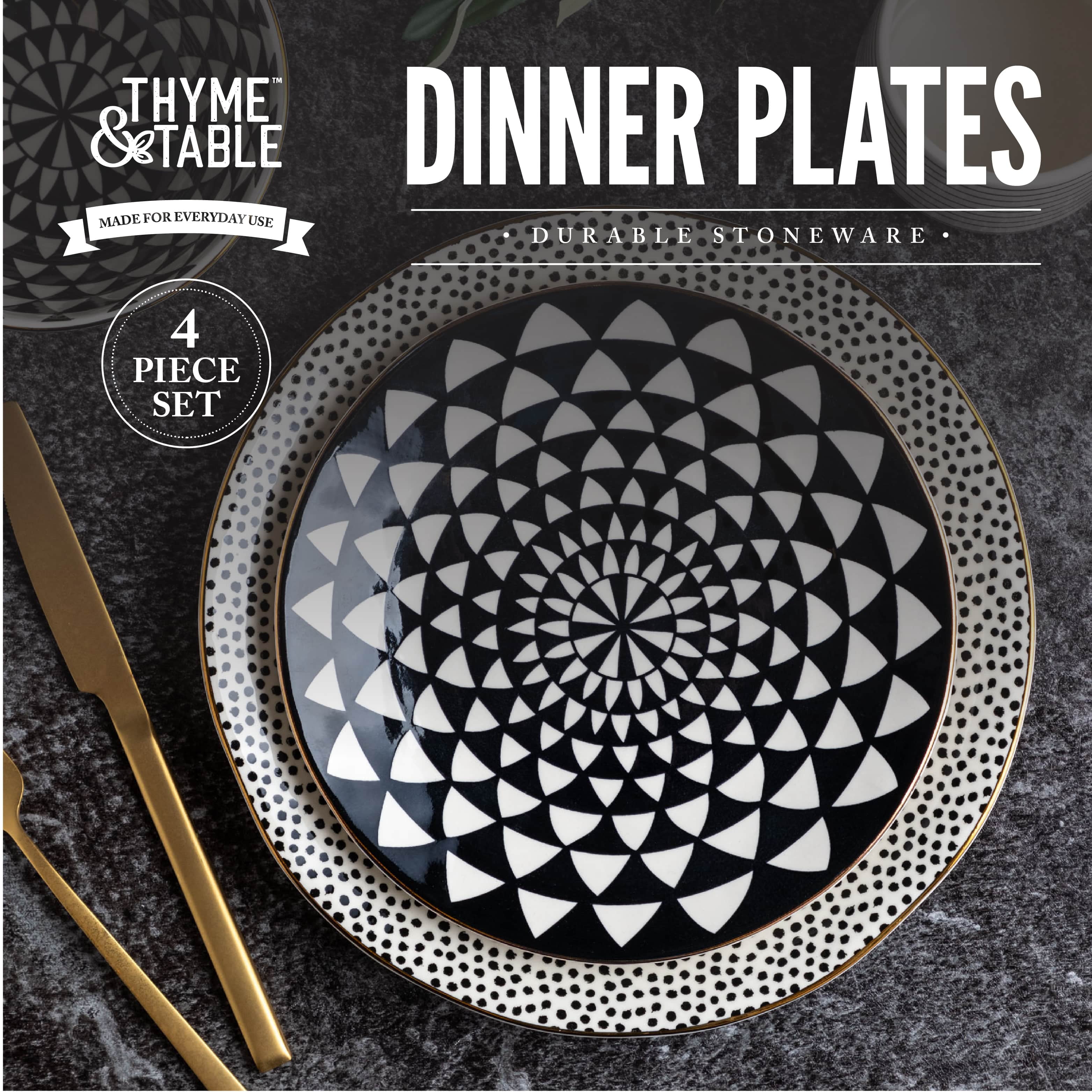 Thyme & Table Dinnerware Black White Medallion Stoneware, 12  Piece Set (Polka Dot), Polka Dots: Dinnerware Sets