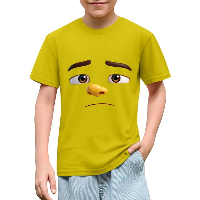 Blusas y camisas de manga corta con cuello redondo para niños y niñas, color liso, con estampado de expresión linda, manga corta, holgadas y cómodas, blusa para niña