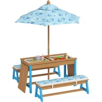 THJTDH Kids Picnic Table, Wooden Table and Bench Set with Foldable Umbrella, Removable Cushions and Boxes, Dinosaur Theme Children Activity Table Outdoor Furniture for Patio, Blue