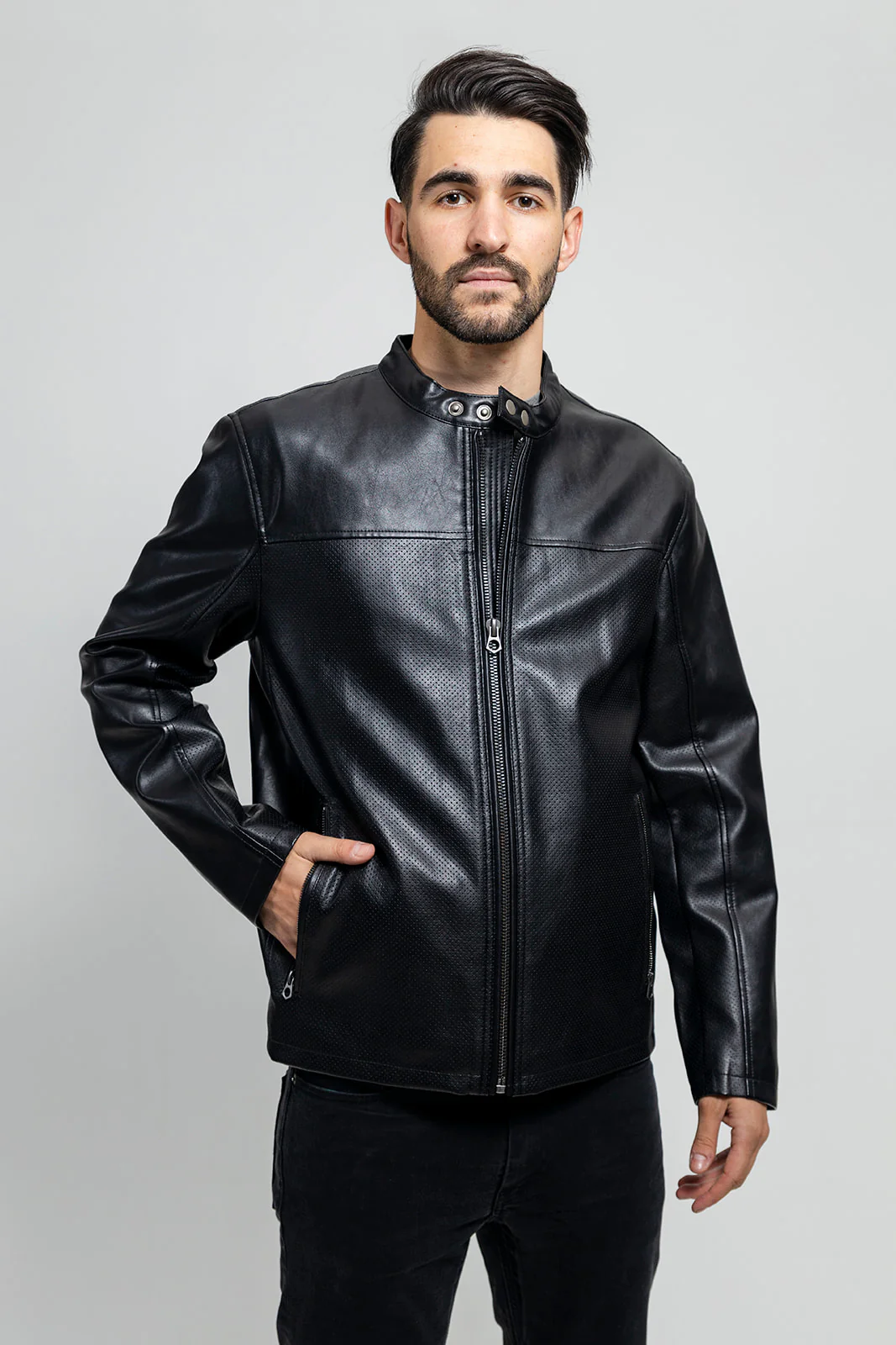 Whet Blu OLIVER Vegan Faux Leather Fashion Ban Collar Lightweight Casual Zip Up Jacket Men Black 2XL