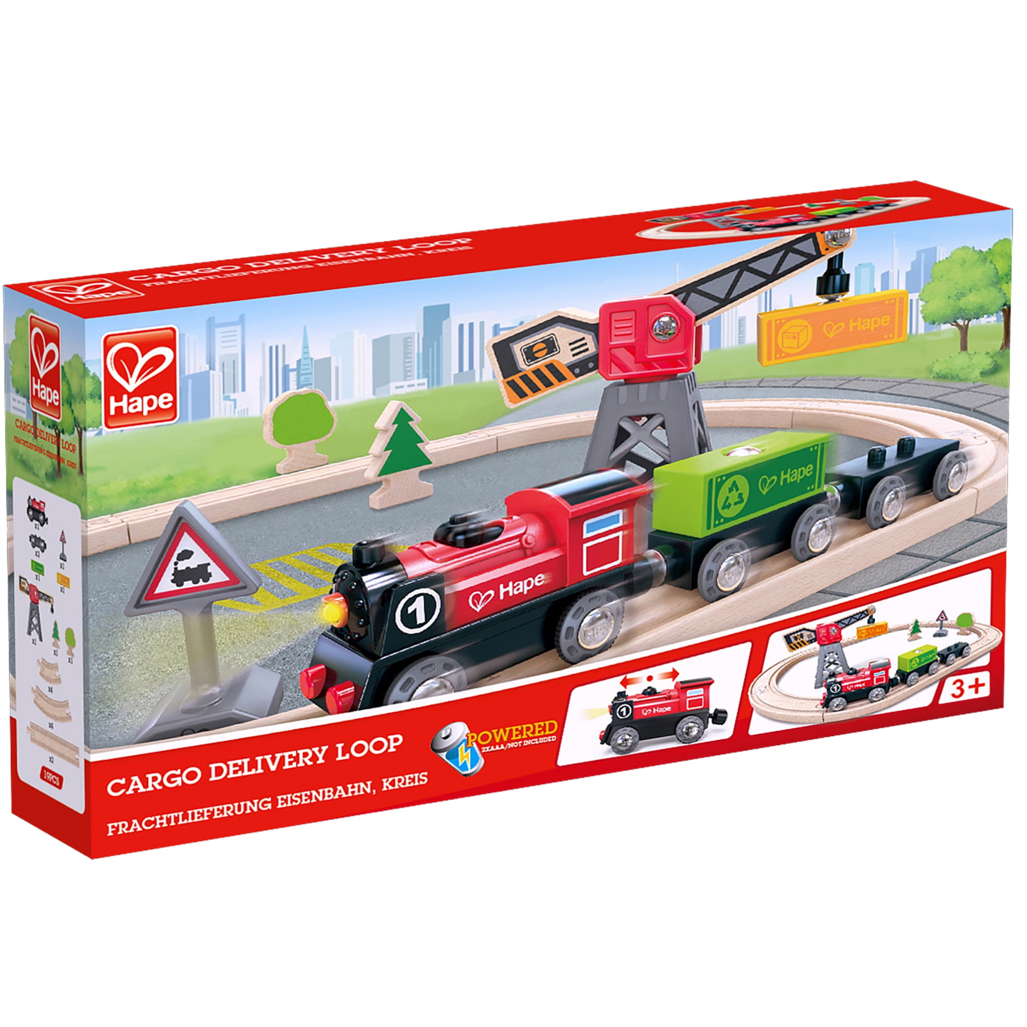 Hape: Cargo Delivery Loop - Battery Powered Engine, Oval Track Railway Set, Wooden Toy, 3 Magnetic Linking Trains, Crane, Accessories, Kids Ages 3+