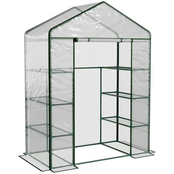 Outsunny 56" x 29" x 77" Portable Walk-in Greenhouse Garden Flower Plant Growing Warm House w/ 4 Tier Shelves and Roll Up Zippered Door, Transparent