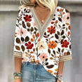 thumbnail image 2 of CYMMPU Tunic Tops 3/4 Sleeve Lace V Neck Loose Fit Spring Tops Flower Pattern Blouses for Women Dressy Casual Summer Fashion Shirts Business Elegant Work Topss Orange L, 2 of 5