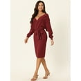 thumbnail image 4 of Unique Bargains Women's Deep V Neck Wrap Lantern Sleeve Belted Mini Sweater Dress L Red, 4 of 6