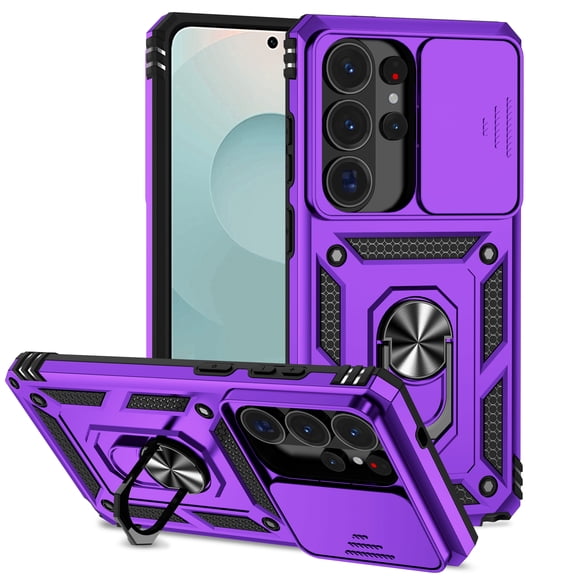 TECH CIRCLE Phone Case for Samsung Galaxy S26 Ultra Rugged PC TPU Case with Ring KickStand Drop Protection Shockproof Sliding Camera Lens Cover Car Mount Compatible,Purple