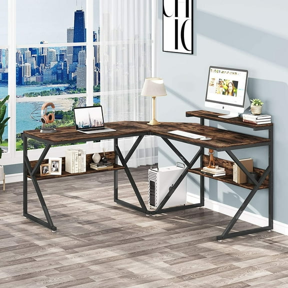 Tribesigns L Shaped Desk with Storage Shelves, 55 inch Corner Computer Desk with Monitor Stand, Large Study Writing L Desk for Home Office, Rustic Brown
