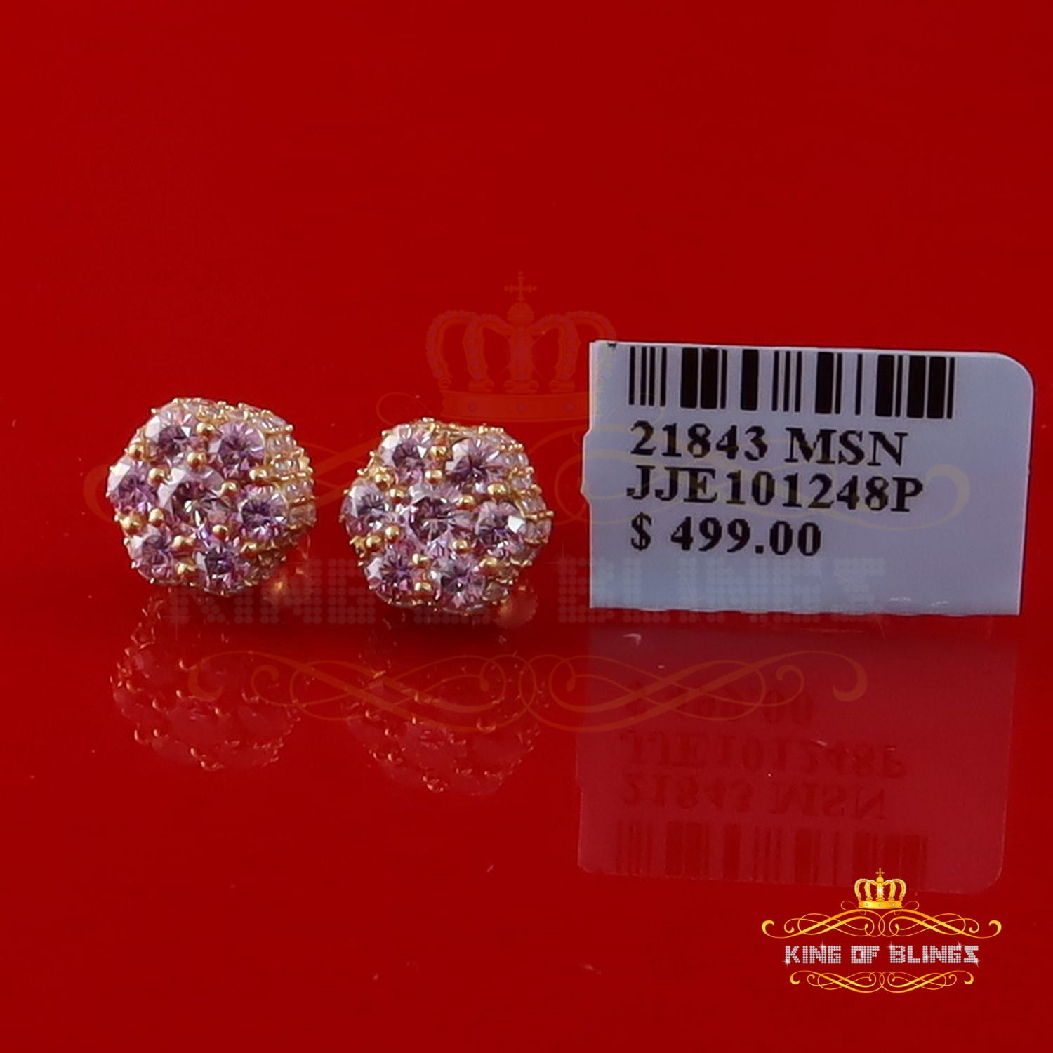 King of Bling's 2.00CT VVS D Pink Moissanite Men's/Women 925 Yellow Silver Floral Stud Earrings