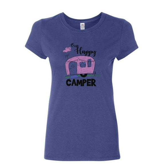 Tee Hunt One Happy Camper Women's T-Shirt RV Trailer Camping Nature Wilderness Shirt, Blue, Medium