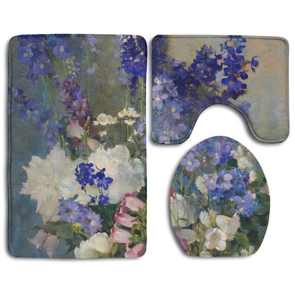 EREHome Larkspur Oil Painting Art 3 Piece Bathroom Rugs Set Bath Rug Contour Mat and Toilet Lid Cover