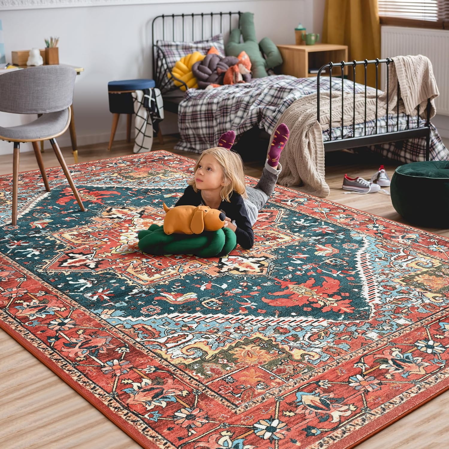 Homore Vintage Boho Oriental Medallion Area Rug, 8' x 10', Red