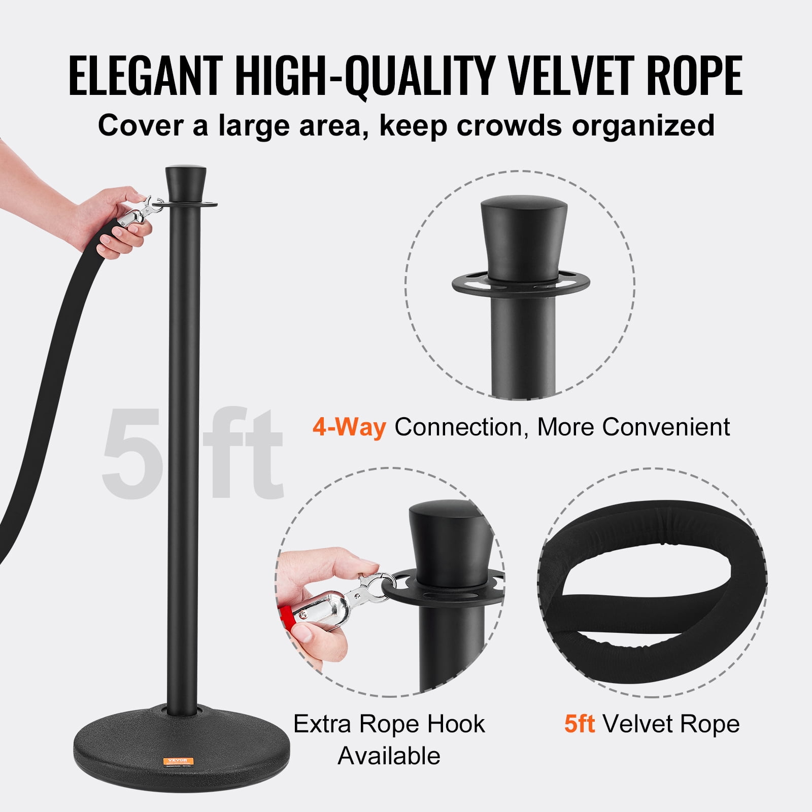 KFFKFF 6-Pack Stanchion Posts with Fillable Base Crowd Barriers Control Stanchions Carbon Steel Queue Pole w/ 6PCS 5FT Velvet Ropes Stanchion Set