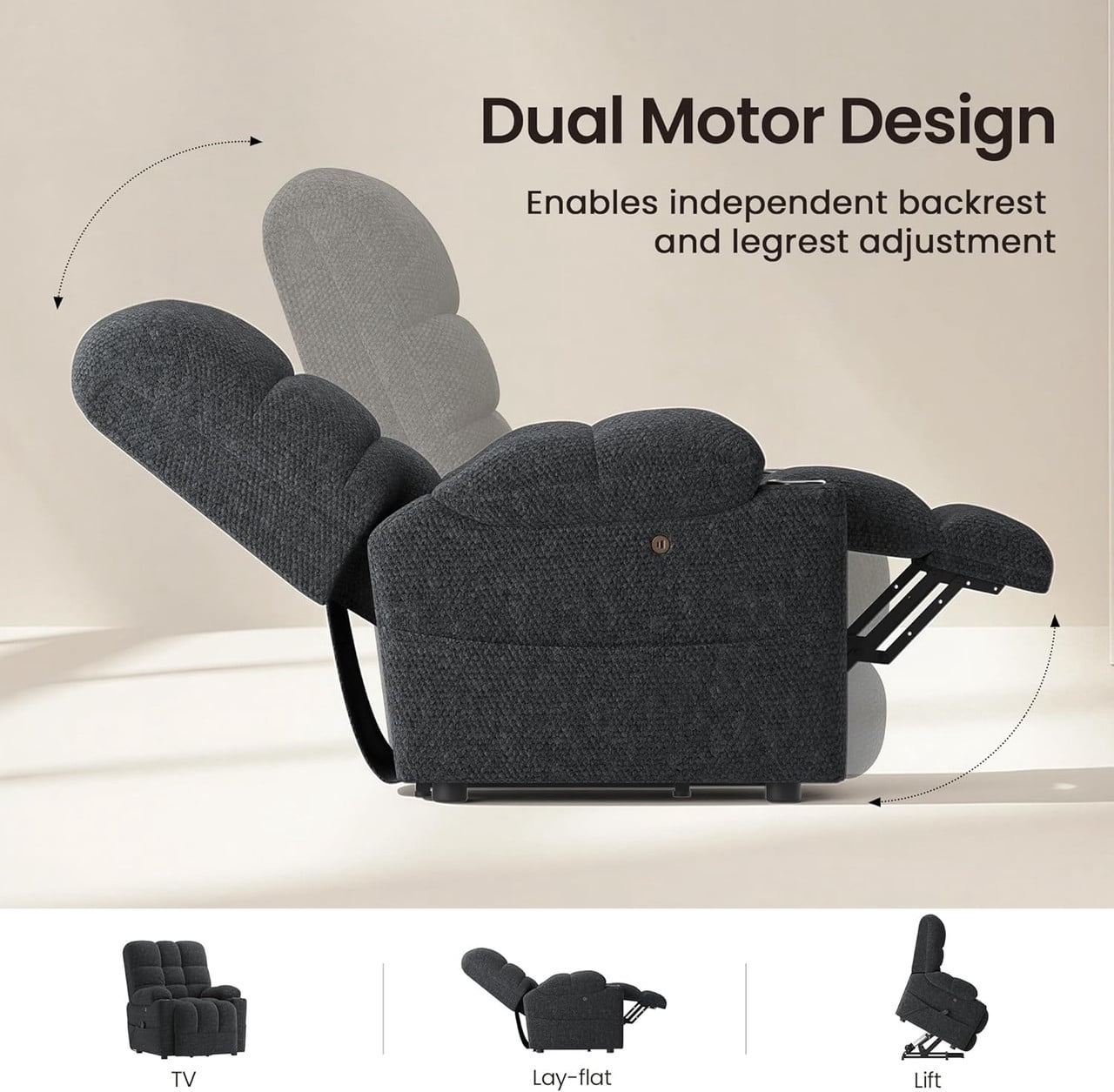 COLAMY Serene Dual Motors Power Lift Recliner Chair with Massage and Heat for Elderly People, Independent Adjustable Backrest Headrest, Extended Footrest，USB Charging Ports and Cup Holders, Dark Gray