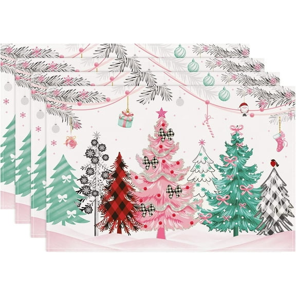 Merry Christmas Tree Placemats Set of 4, 12x18 Inch Pink Green Xmas Trees Snowflakes Santa Winter Kitchen Dinning Table Mats Washable Place Mats for Indoor Outdoor Home Party Decor