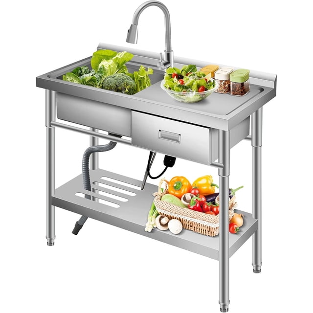 Évier Utilitaire Autoportant en Acier Inoxydable 39x14x33 Po Bol Simple avec Robinet Chaud et Froid Tiroir Tablette de Rangement et Établi