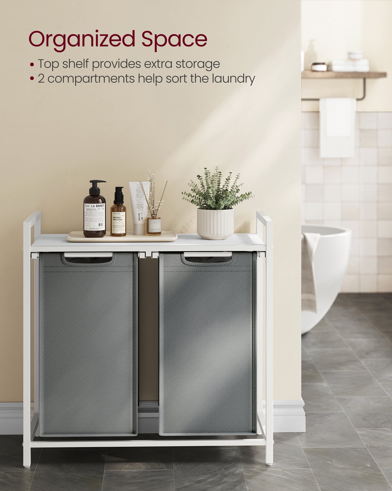 Laundry Hamper, Laundry Basket, Laundry Sorter with 2 Pull-Out and Removable Bags, Shelf, Metal Frame, 2 x 12.1 Gallons