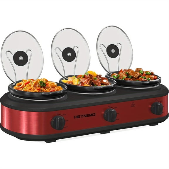 Three-Tier Buffet Slow Cooker Set with Ceramic Inserts and Glass Lids - 1.5 Quart Capacity per Pot, Red Finish