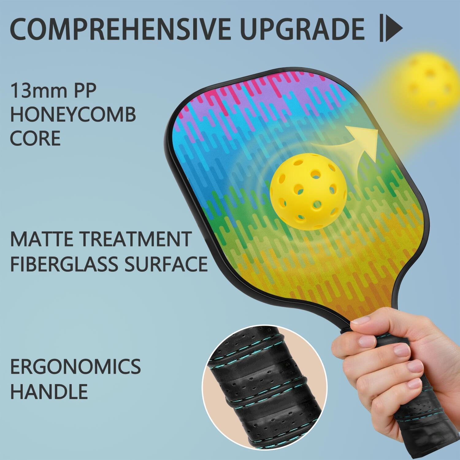 Pickleball Paddles Set Of 1, Fiberglass Surface, Vibrant Rainbow Print, 1 Paddle, 2 Balls & Bag