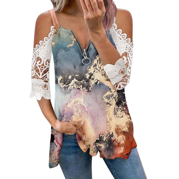 Elegante mujer casual cremallera cuello impresión blusa encaje manga corta camiseta verano Tops OAVQHLG3B Store lin121212
