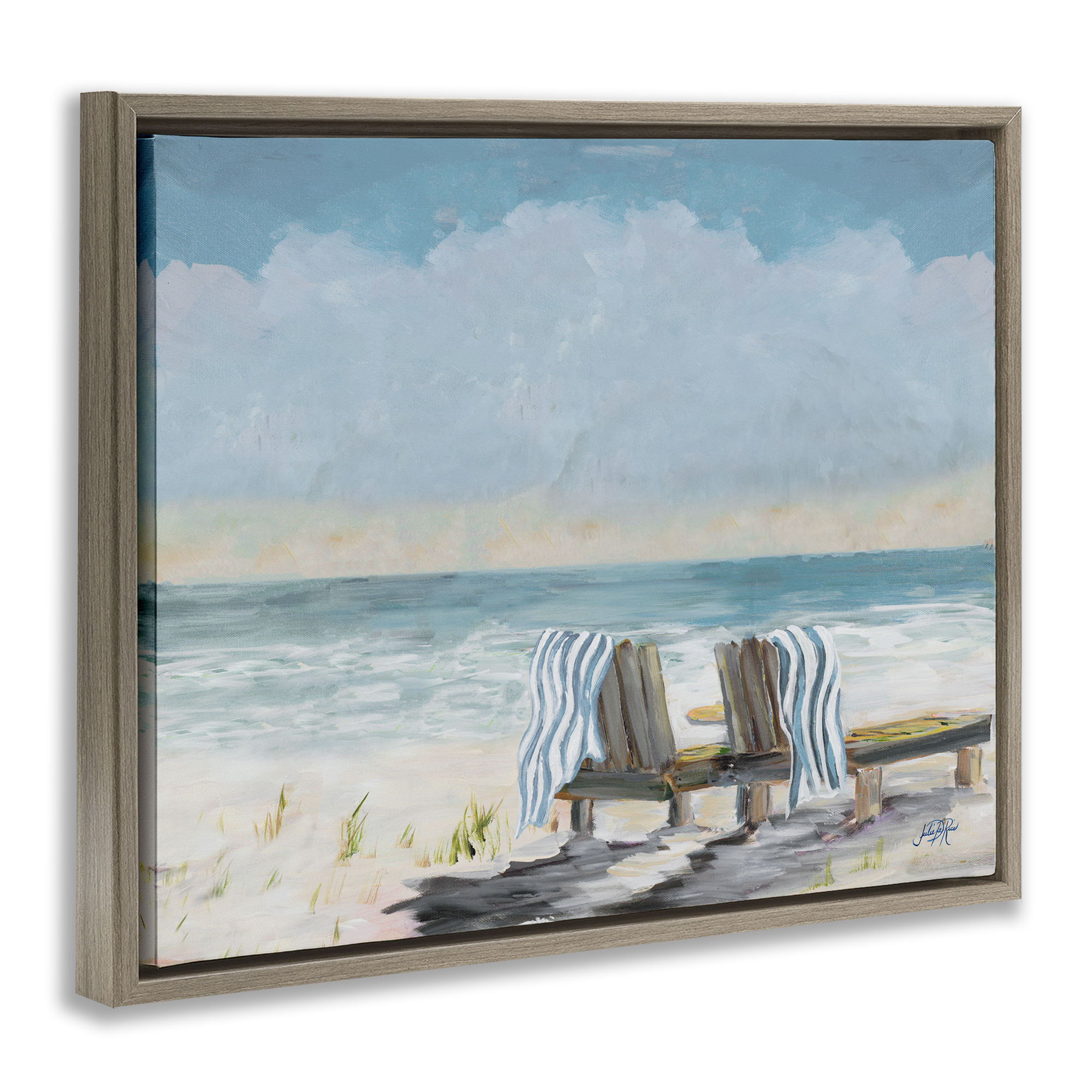 Stupell Industries Peaceful Beach Chairs Landscape Painting Brown Floater Framed Canvas Art Print Wall Art, 21 x 17