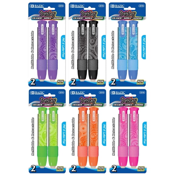 BAZIC Retractable Stick Erasers, Mechanical Pencil Eraser (2/Pack), 6-Packs