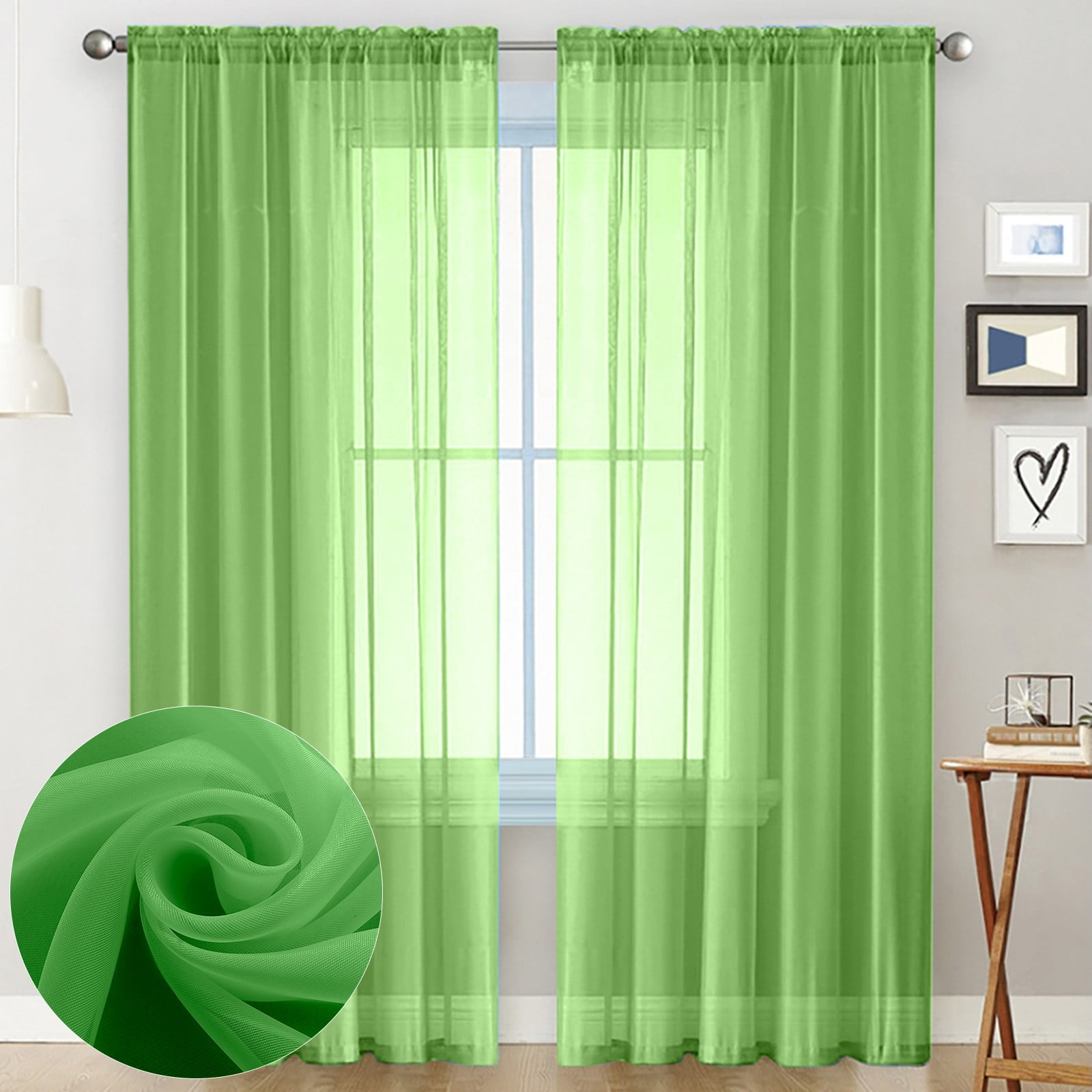 Fule Green Semi Sheer Curtains 102 Inches Long for Living Room Tulle