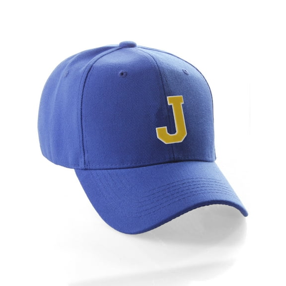 Classic Baseball Hat Custom A to Z Initial Team Letter, Blue Cap White Gold Letter J