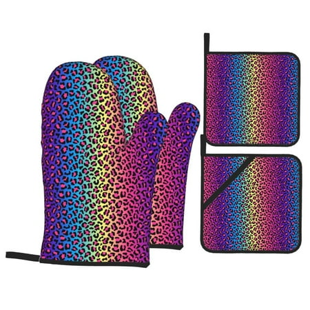 

Oven Mitts and Pot Holders 4 Piece Leopard Neon Rainbow Gradient High Heat Slip Resistant Oven Mitt and Trivets Set Kitchen Oven Glove Pot Holders for Cooking Baking Grilling