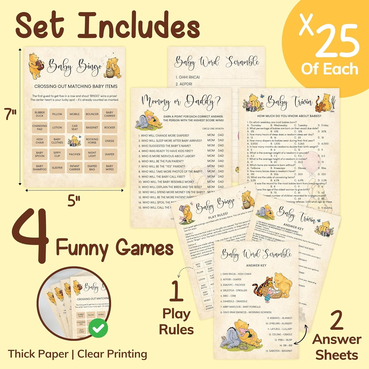 Winnie Baby Shower Games Boy - Pooh Baby Shower Bingo Cards for 25 Guests, Word Scramble Favors, Guess Who Mommy Or Daddy Game Ideas for Party Decorations