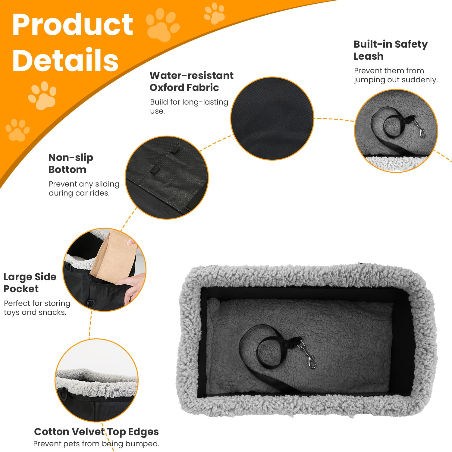 1Pc Small Dog Car Cotton Velvet Seat W/ Harness Side Pocket For Dogs Cats Up To 9LBS, Center Console Pet Booster Cushion Travel Car Seat