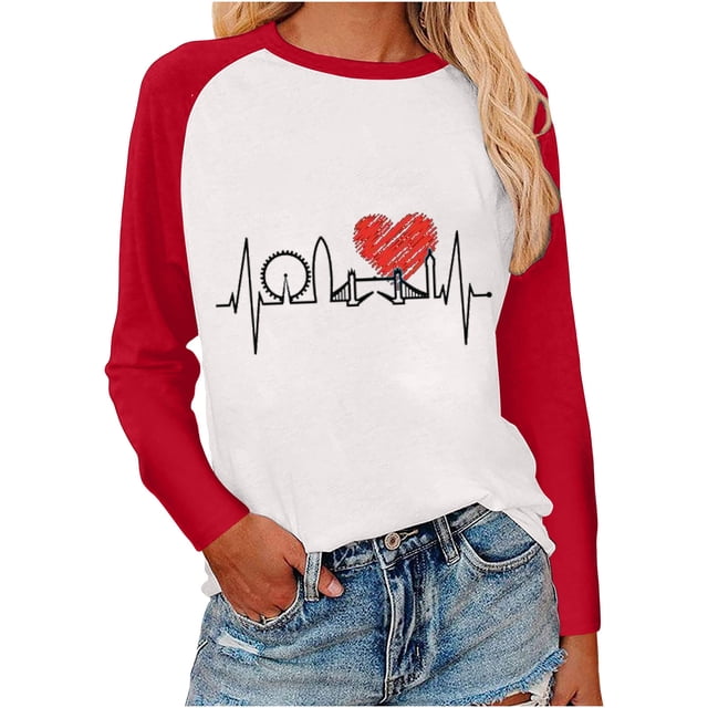 Chandails en Molleton pour Femmes Mode T-shirt Imprimé Cœur Manches Longues Blouse Col Rond Hauts Décontractés