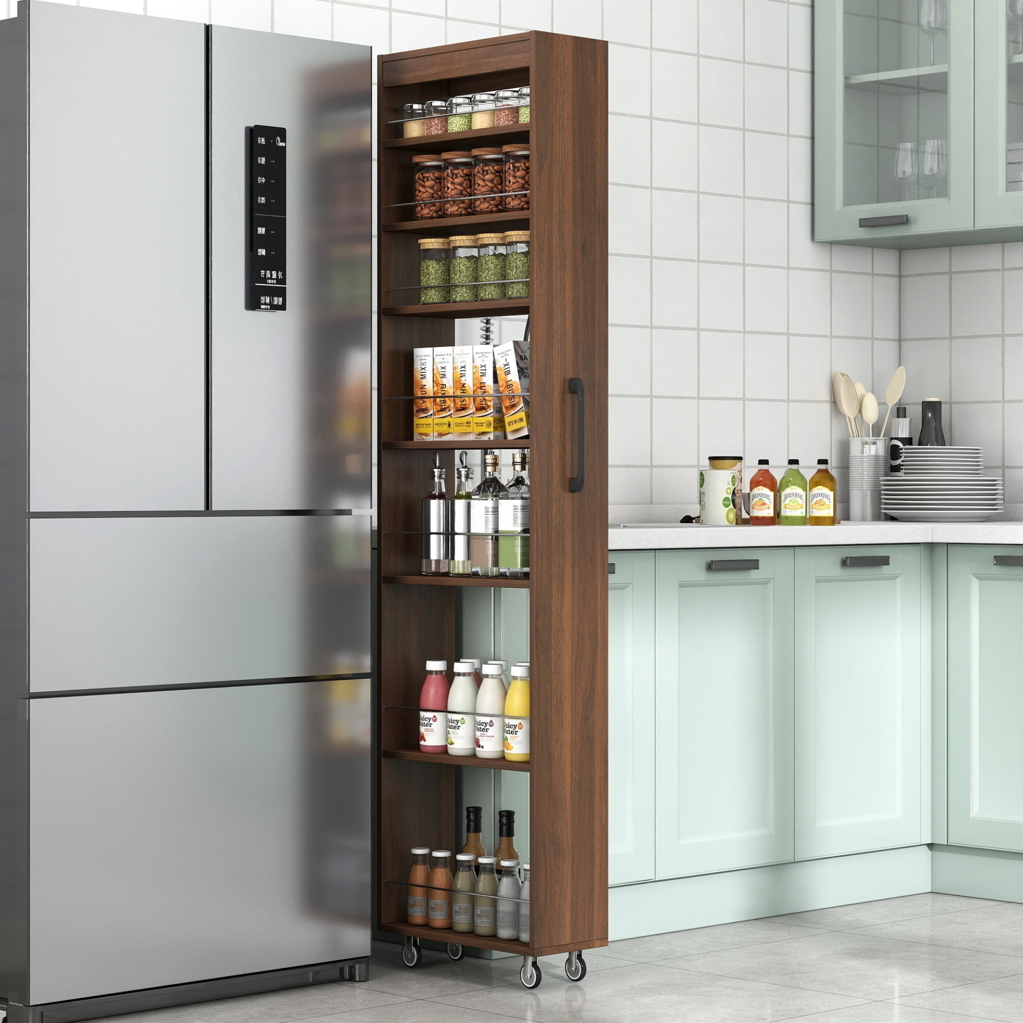 Leumius 7 Tier Multipurpose Pull-out Storage Shelf, Open Shelf for Kitchen Living Room and Narrow Spaces Walnut