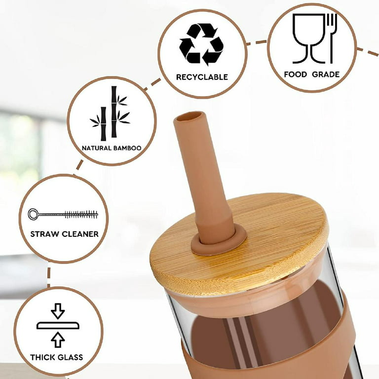 32 oz Glass Mug Tumbler W/Bamboo lid, Stainless Steel Straw – Cali