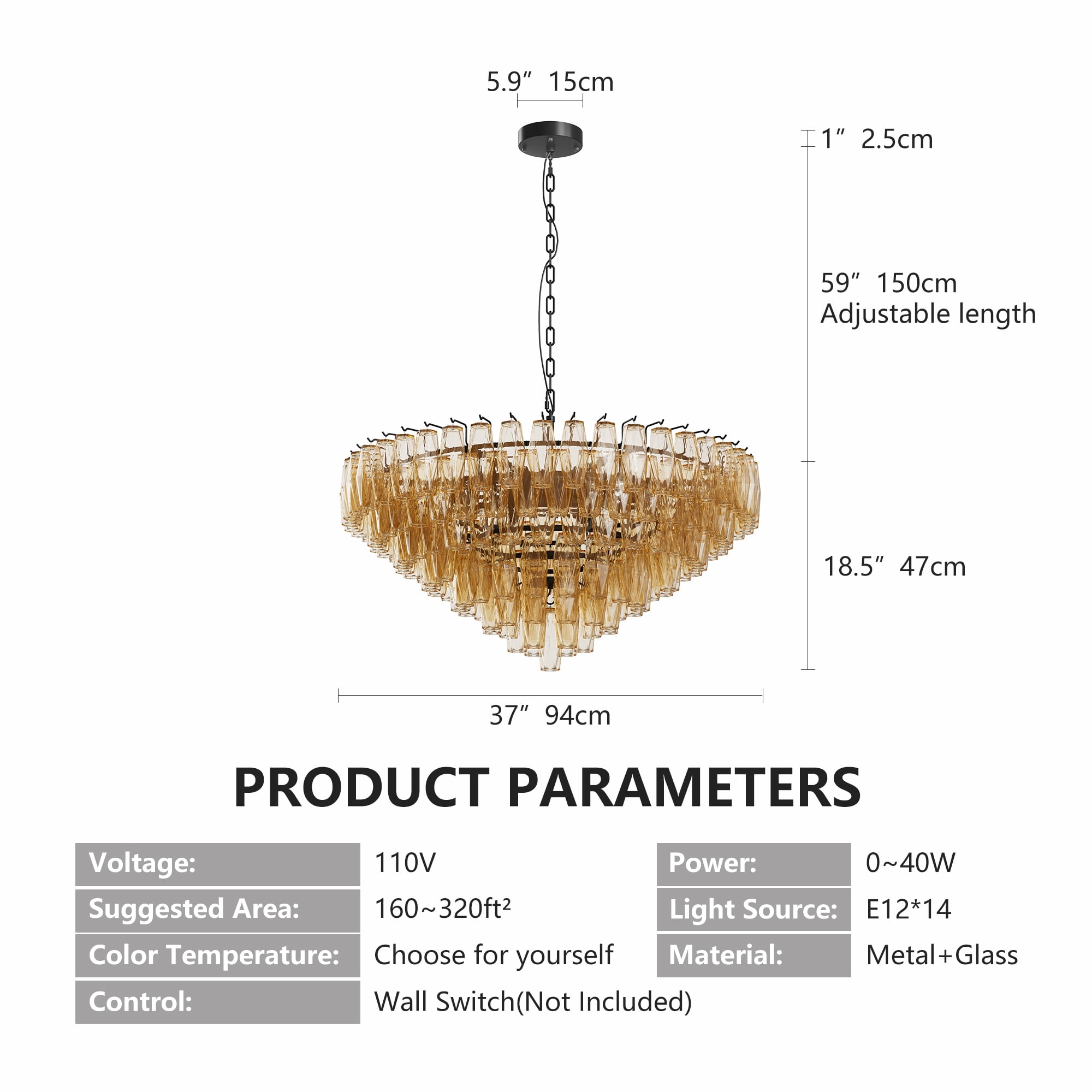 Jopath 37" Round Chandelier, Modern Extra Large Chandeliers, 14-Light with Tiered Glass Tubes Ceiling Light, Pendant Lighting Fixture for Dining Room Living Room Bedroom Kitchen Island Black