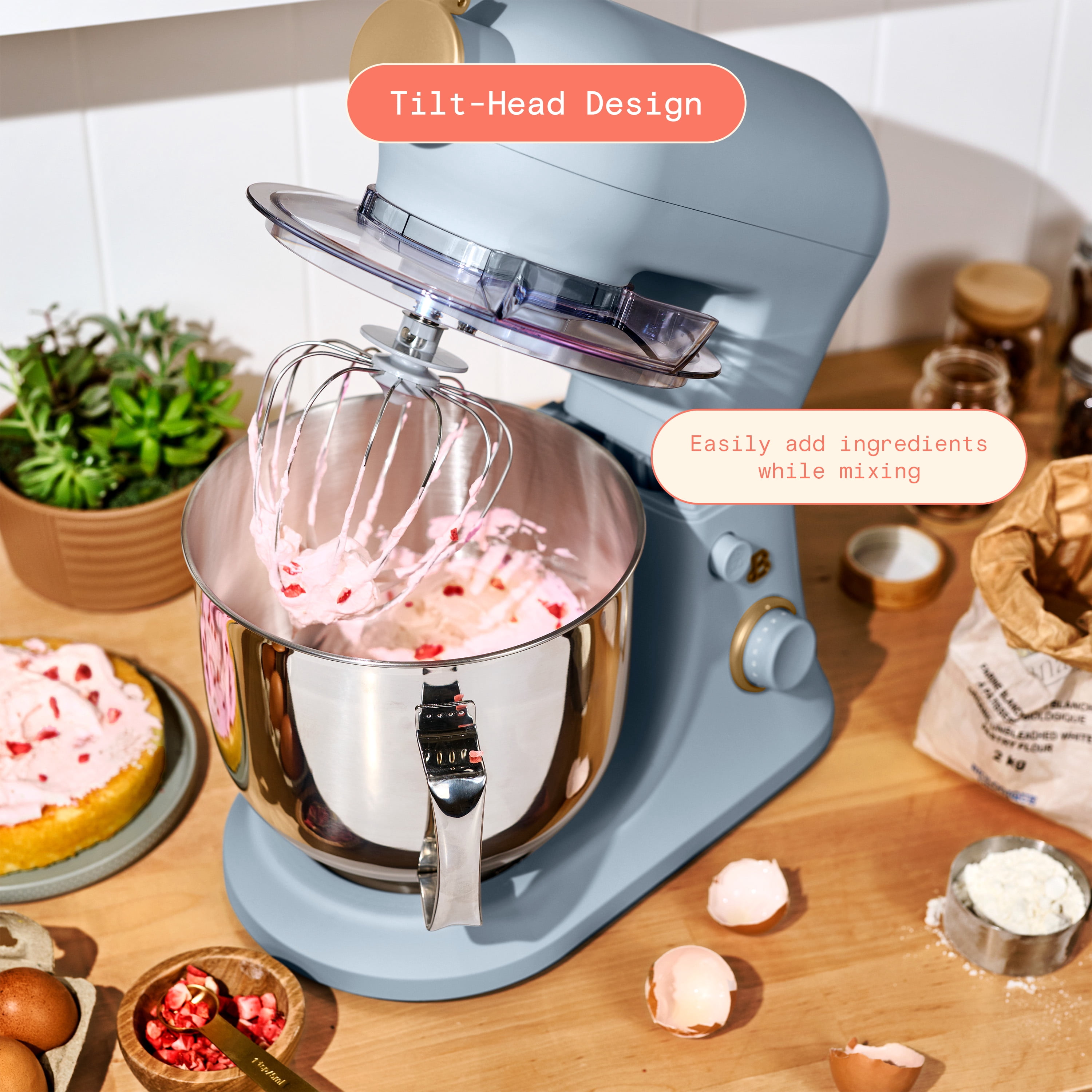 Beautiful 6 Qt Tilt-Head Stand Mixer with Dough Hook, Flat Beater, Balloon Whisk, Pastry Beater & Slicer/Shredder Set, Cornflower Blue by Drew Barrymore