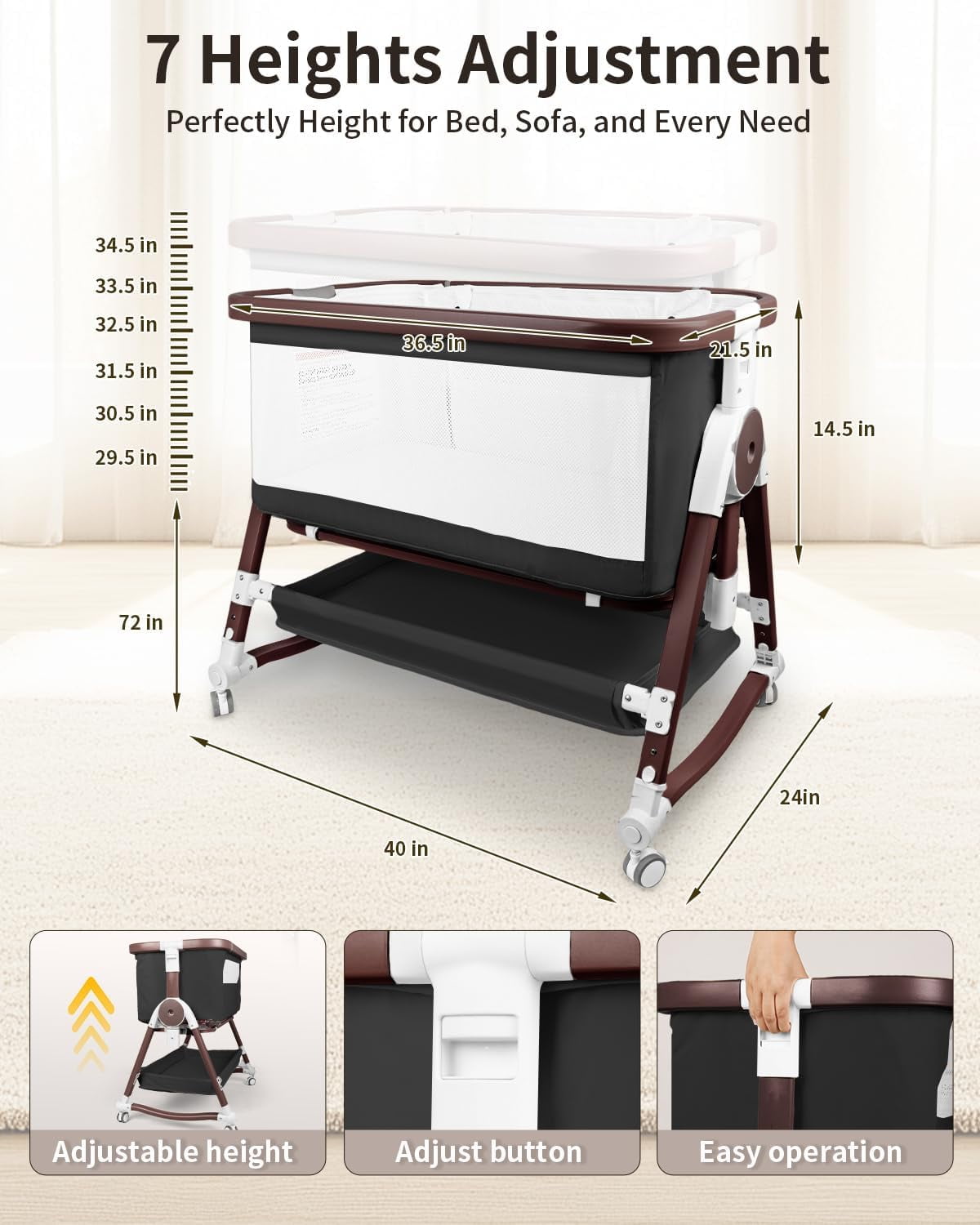 4 in 1 Baby Bassinet Bedside Sleeper W/ Wheels,Storage Basket,Adjustable 7 Heights,Mosquito Net,Matress,Breathable Mesh Crib for Infants Toddler,Black