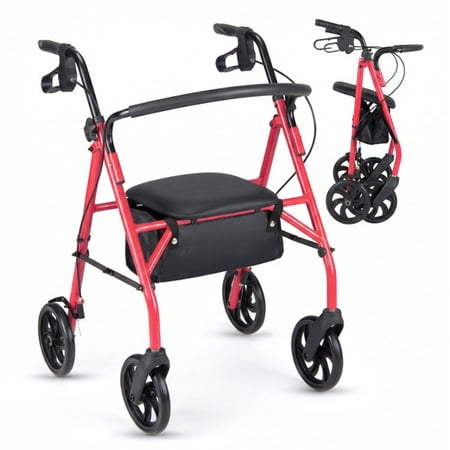 Hendoct 2-in-1 Rollator Walker with Seat (Red), 8-Inch Large Wheels & Versatile Braking System, Adjustable Height
