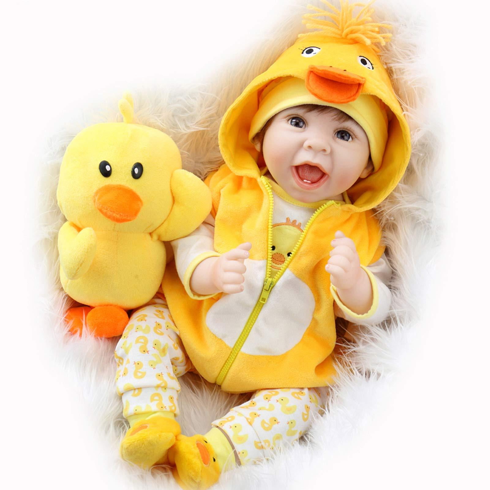 Aori Lifelike Realistic Reborn Baby Dolls 22 Inch Weighted Reborn Girl Doll  with Yellow Clothes and Duck Toy Accessories Best Birthday Set for Girls 